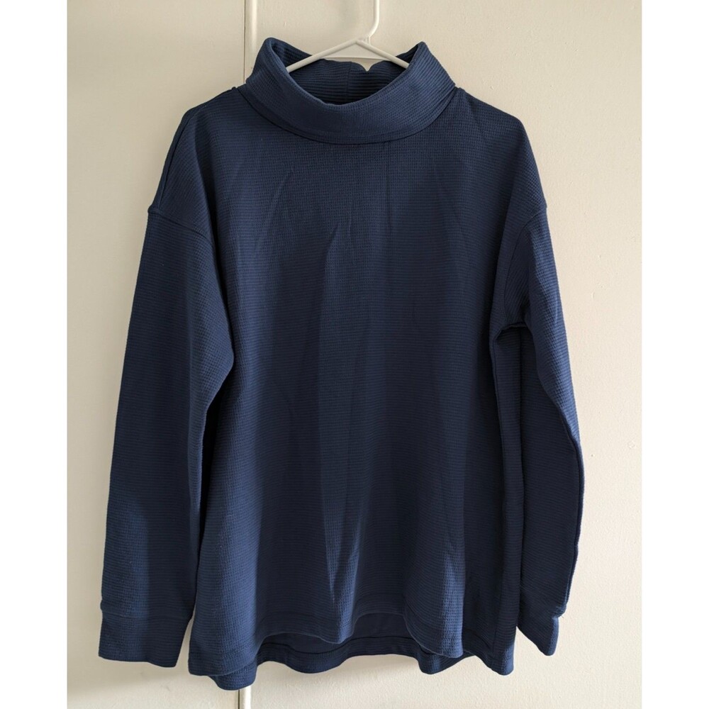 Lands' End Women's Large Blue Waffle Knit Cowl Neck Tunic Pullover Long Sleeve